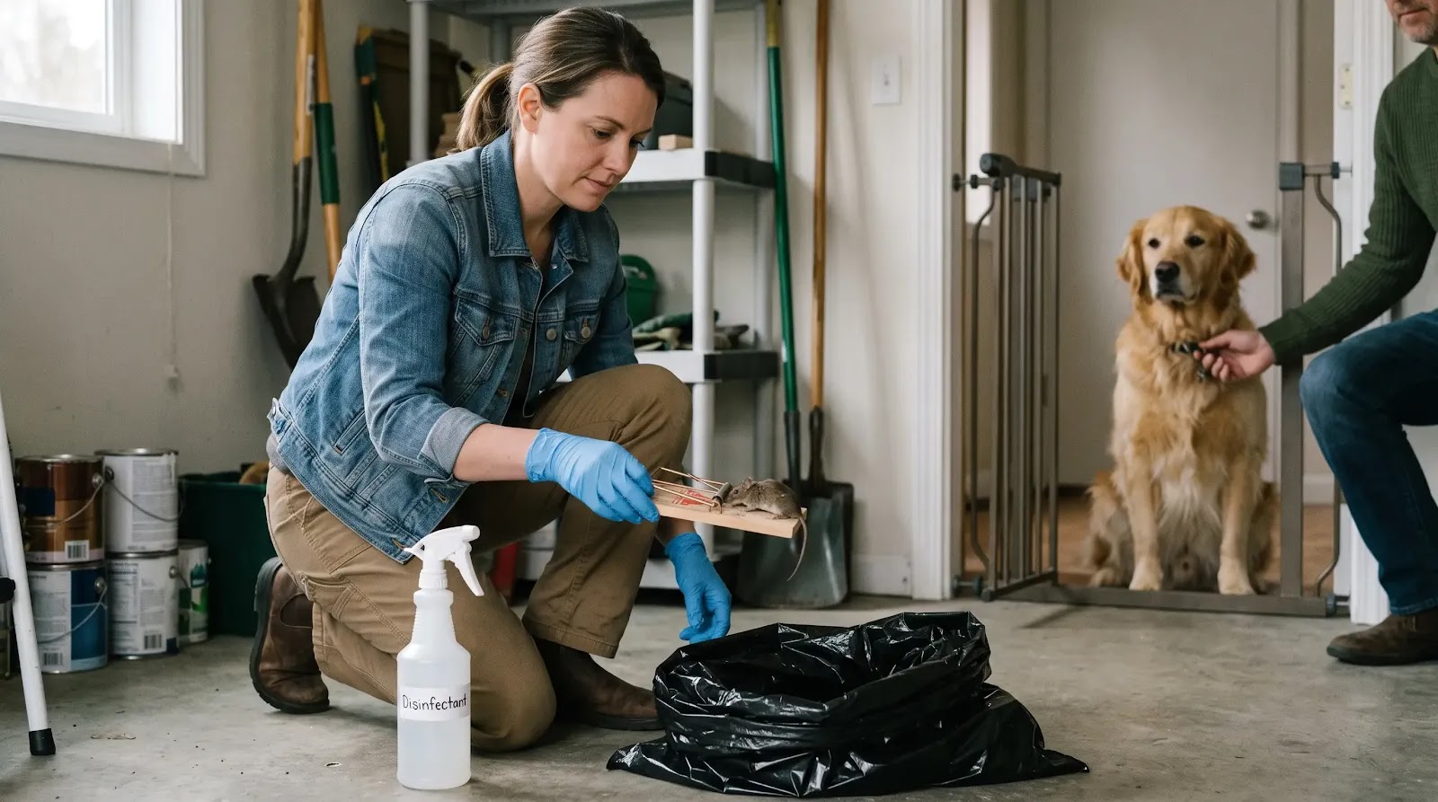 Safe Mouse Trap Cleanup Around Dogs Owner wearing gloves while removing a trapped mouse with a dog kept safely away