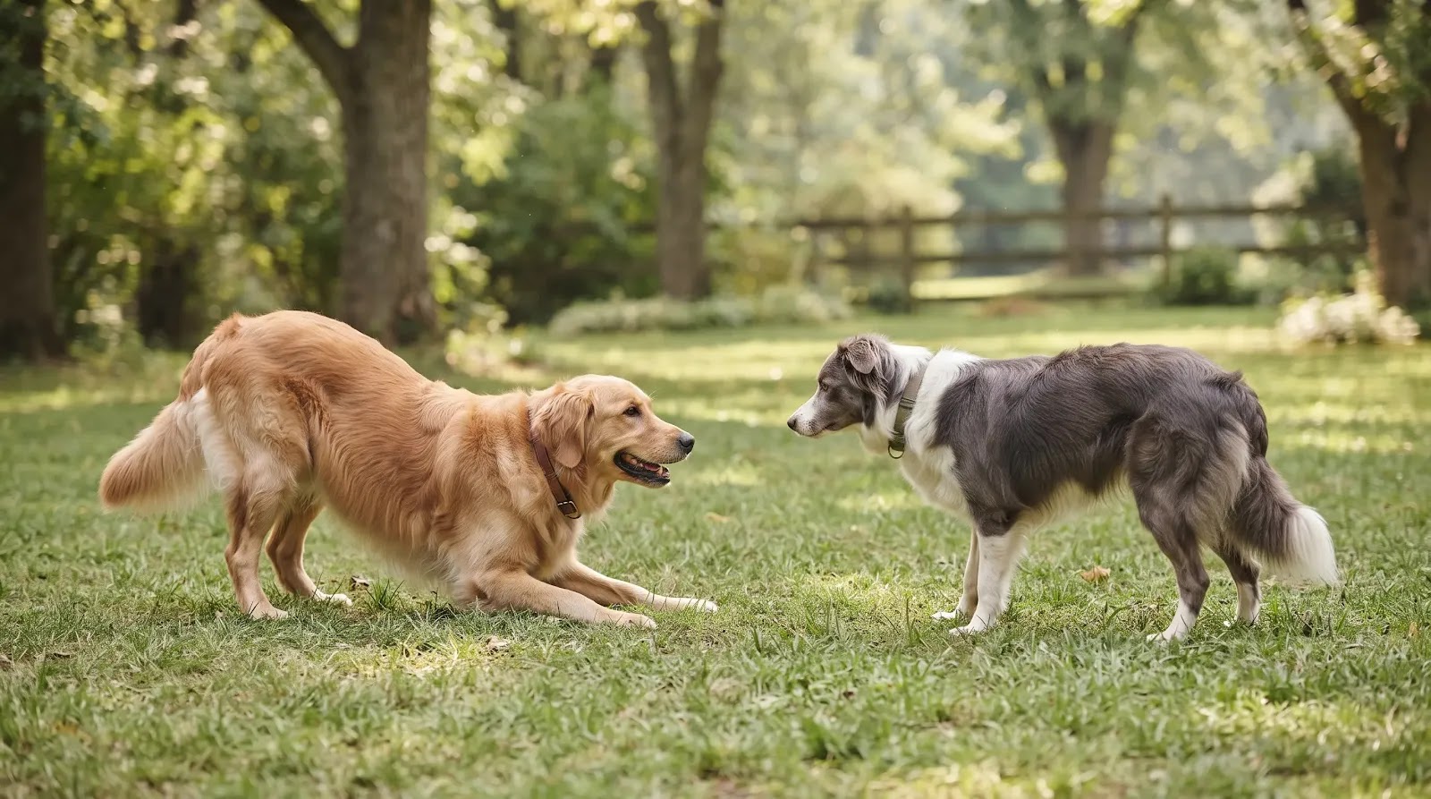 Dog Play Bow During Healthy Social Play Dog performing a relaxed play bow toward another dog during friendly play