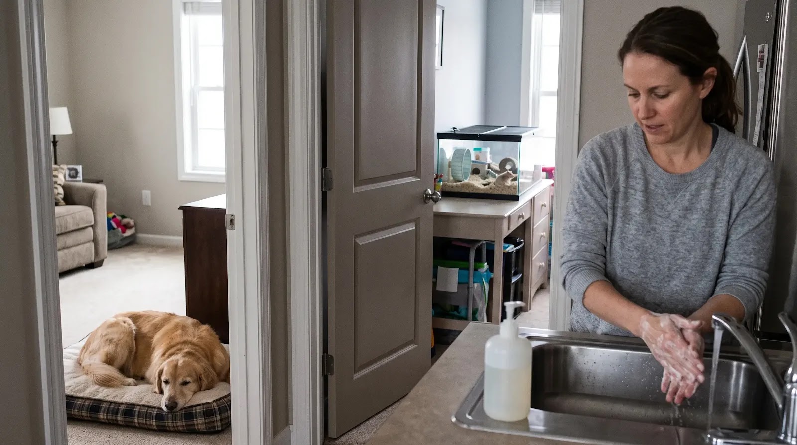 Preventing Topical Flea Treatment Transfer to a Hamster Owner washing hands while a treated dog remains separated from a hamster in another room