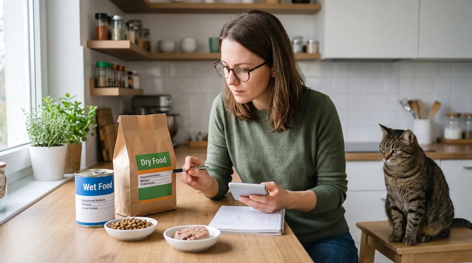 Comparing Protein in Wet and Dry Cat Food Owner comparing protein and moisture information on wet and dry cat food labels