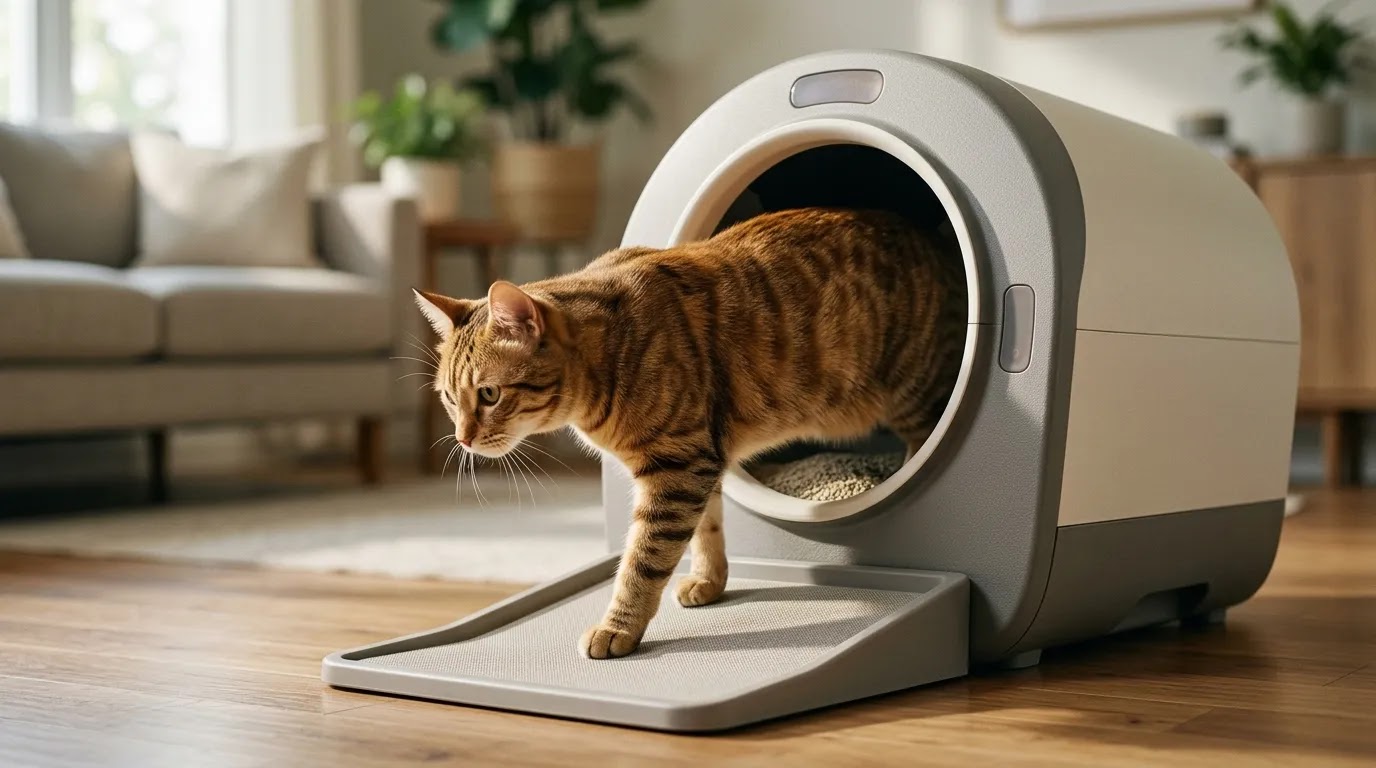 Cat Exiting an Automatic Litter Box Safely Adult cat exiting a stationary automatic litter box through an unobstructed entrance