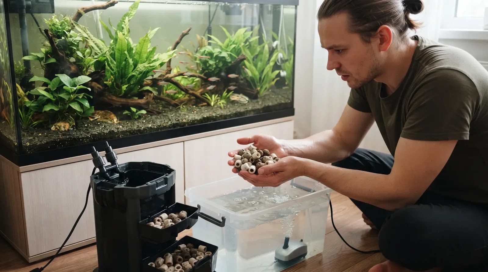 Protecting Aquarium Biofilter Media During Filter Repair Aquarist keeping biological filter media wet and aerated while repairing a stopped filter