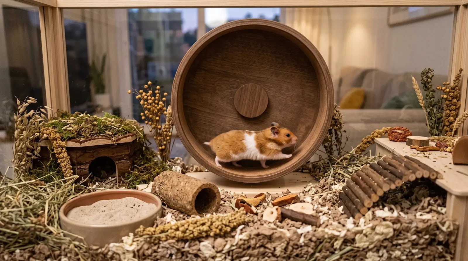 Hamster Running on a Large Exercise Wheel Healthy hamster running with a straight back on a large solid exercise wheel