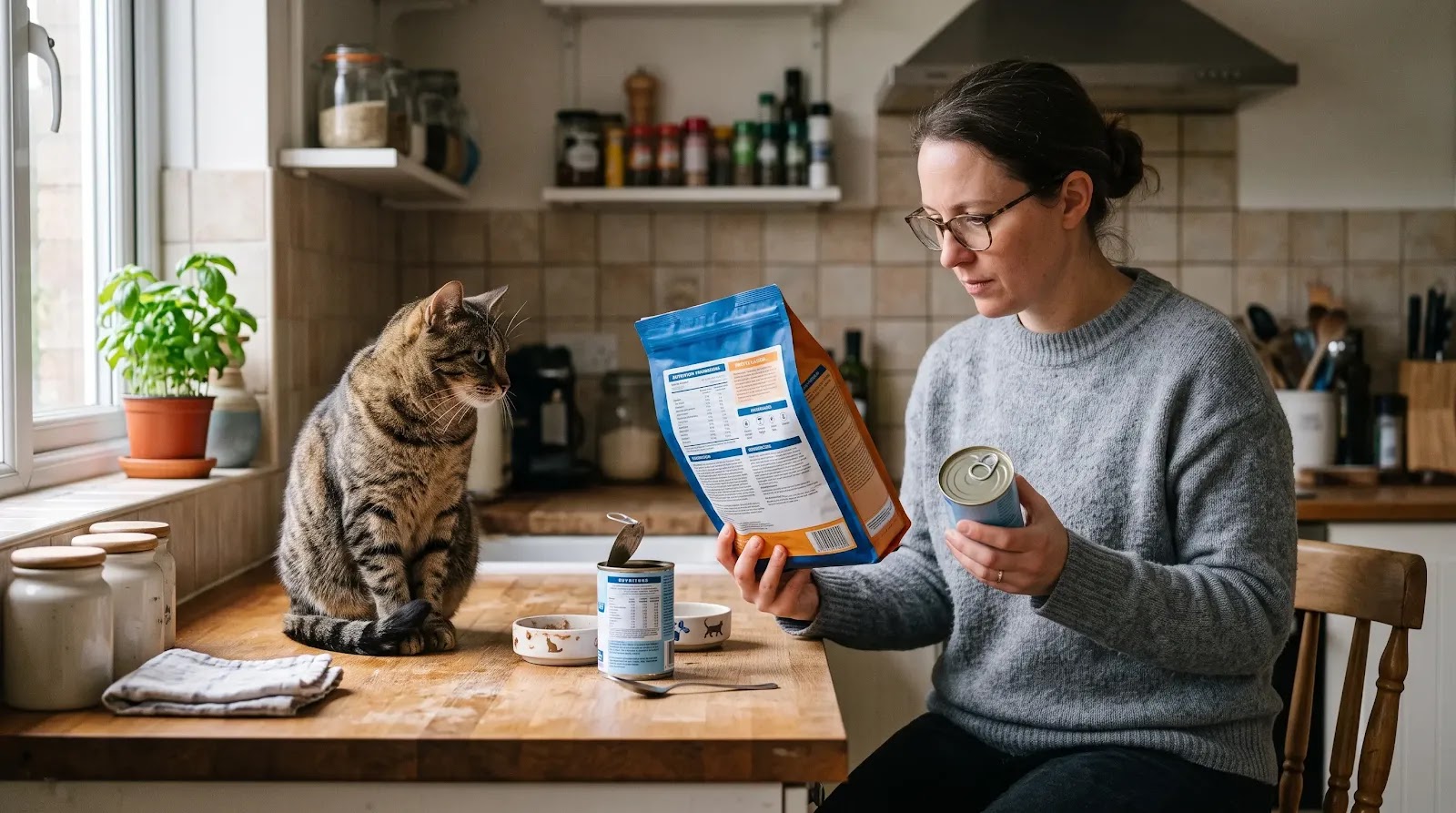 Reading a Cat Food Nutrition Label Cat owner comparing nutrition information on wet and dry cat food packages