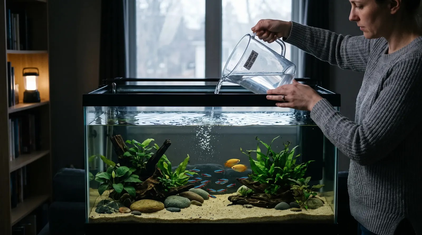 Manual Aquarium Aeration During a Power Outage Owner pouring aquarium water back across the surface to create emergency aeration during a blackout