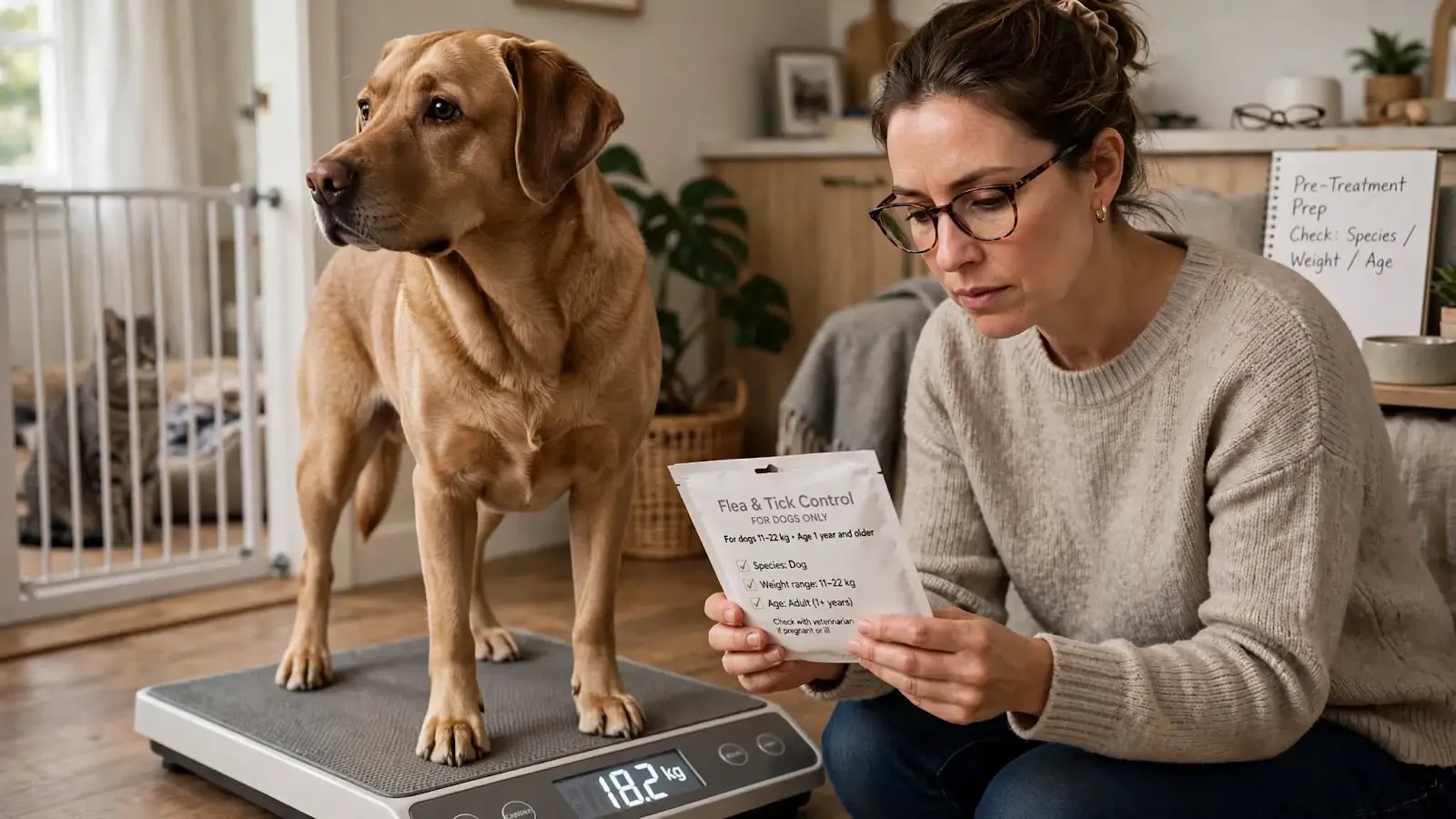 Checking a Dog Flea Product Before Treatment Owner checking a dog's weight and flea product label before treatment