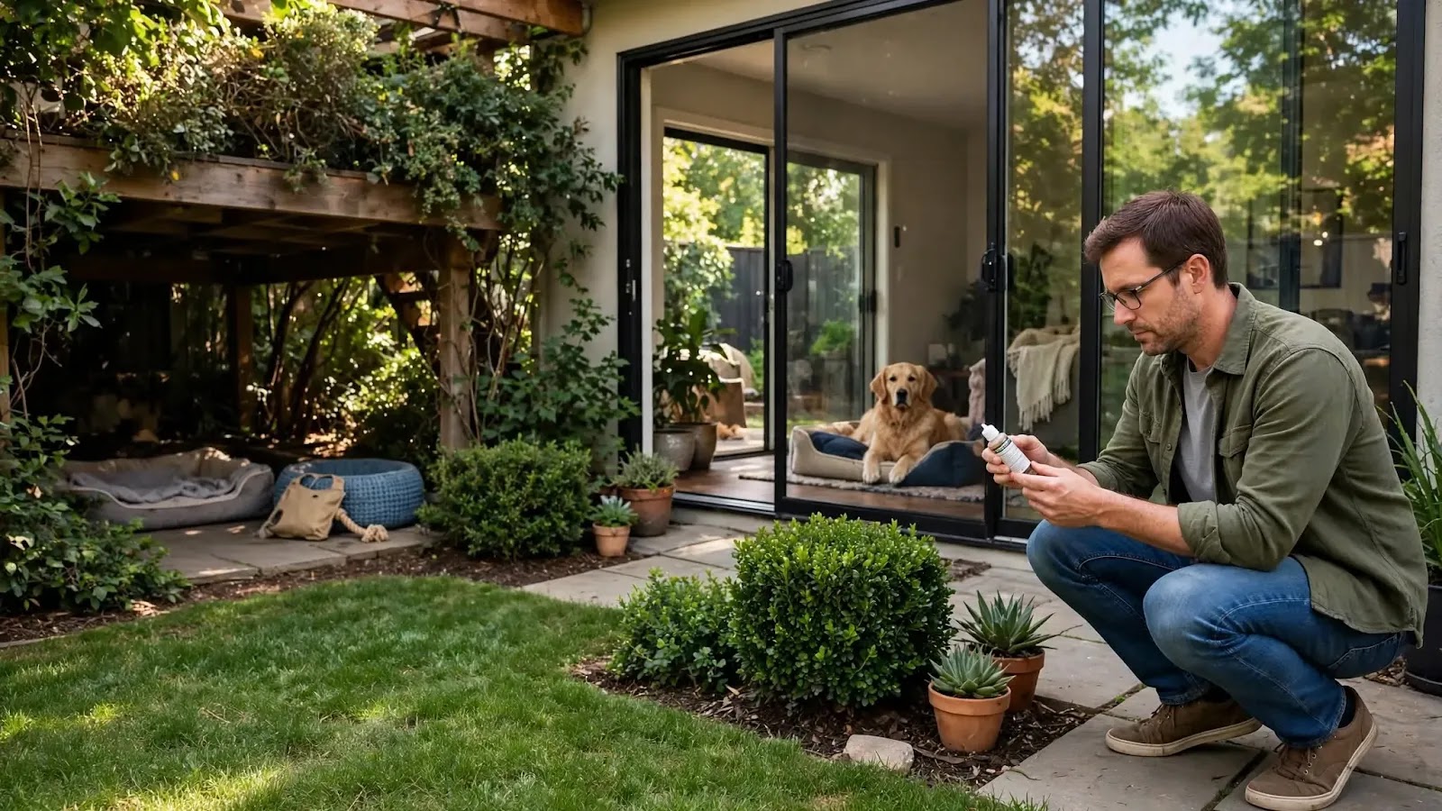 Planning Targeted Yard Flea Control Around a Dog Dog kept indoors while its owner checks a yard flea-treatment label