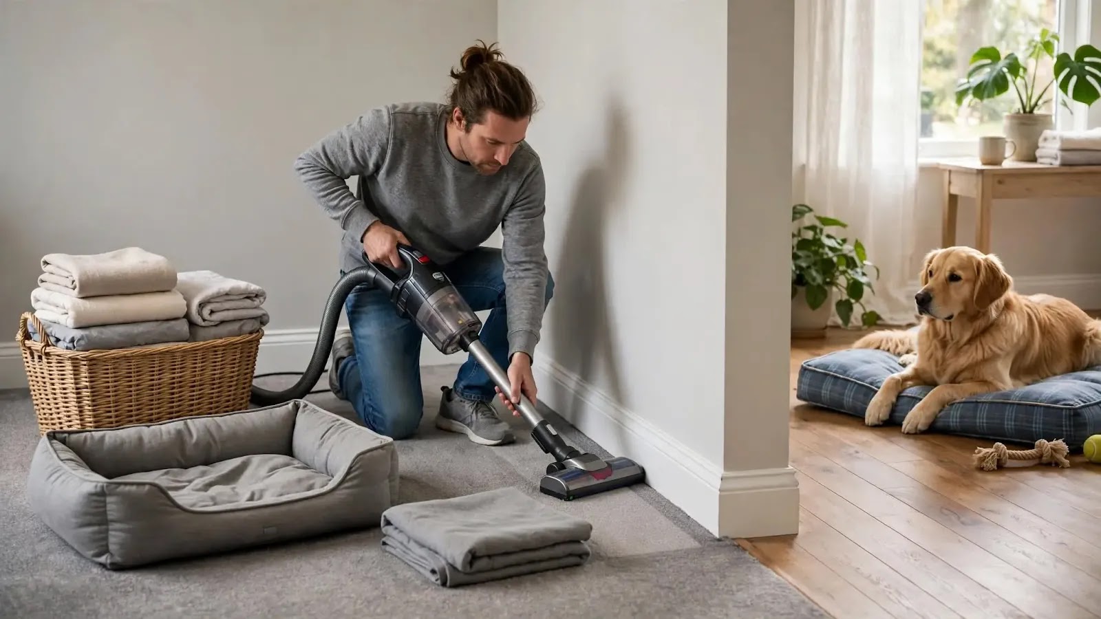 Cleaning the Home During a Flea Infestation Owner vacuuming around dog bedding as part of household flea control